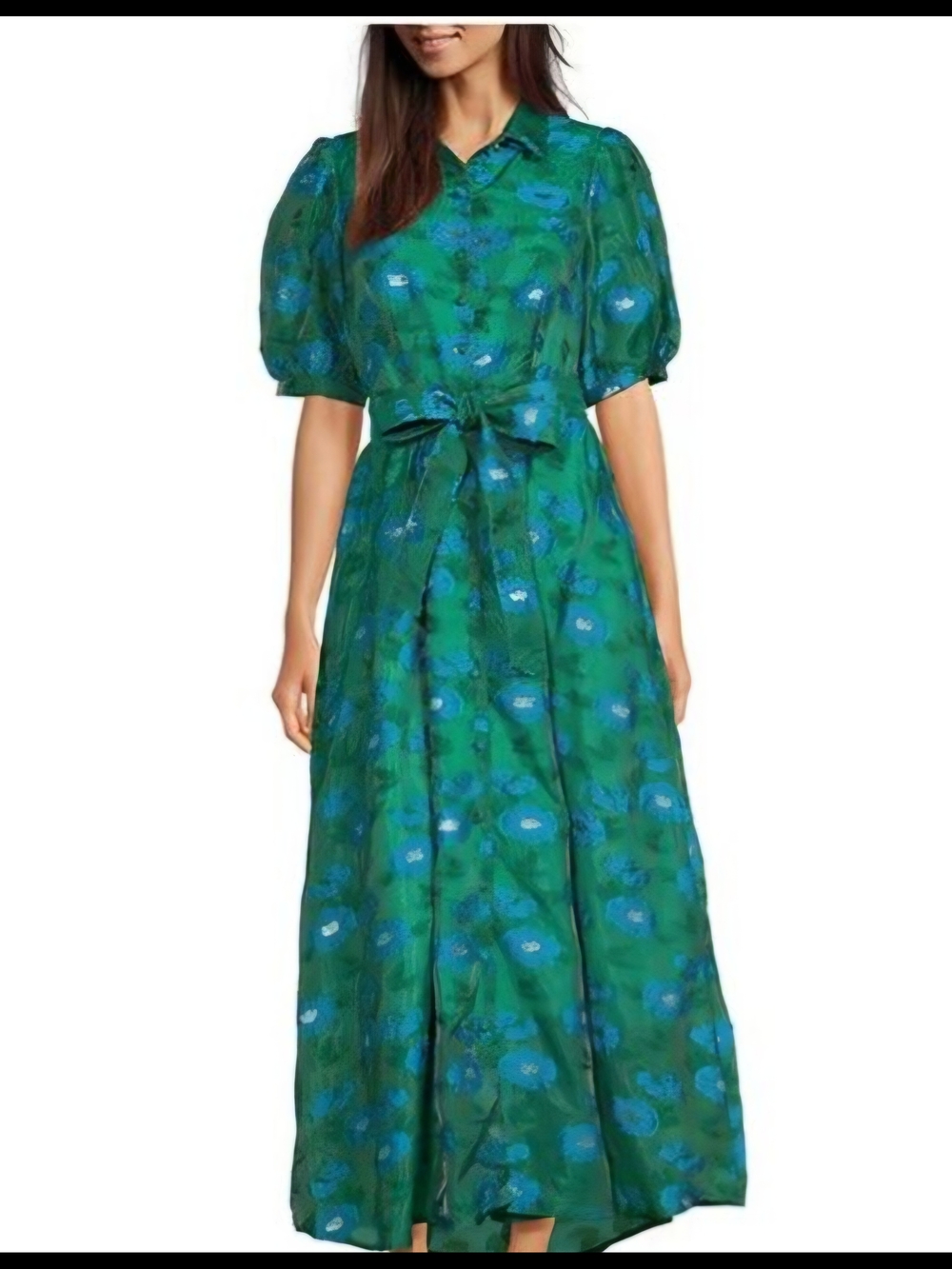 Green Floral Tie-Front Maxi Dress with Puff Sleeves